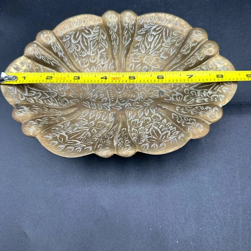 Vintage Etched Brass Footed Dish Bowl Trinket Catchall Decor